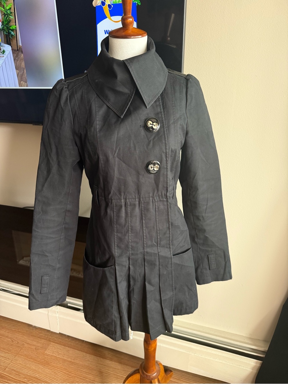 Mackage Black Double-Breasted Pleated Trench Coat